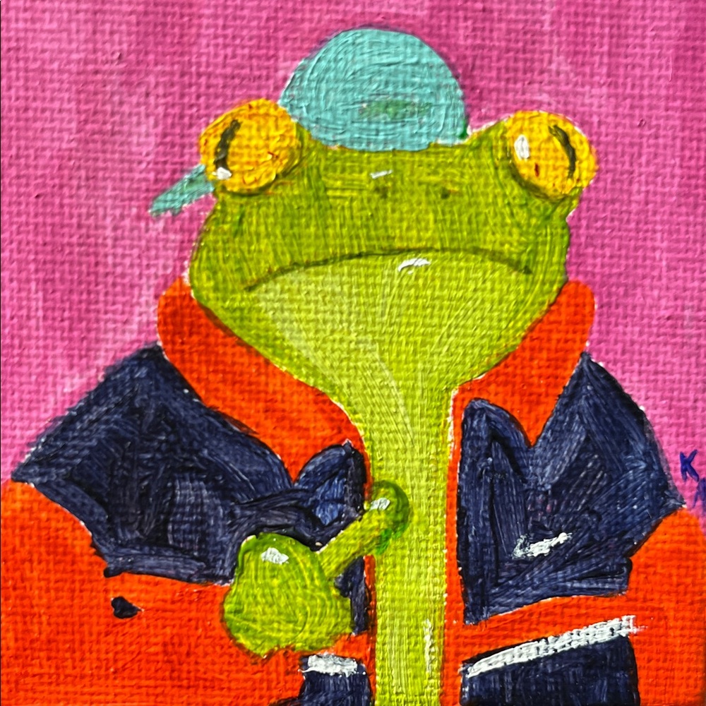 Frog Art Painting with Pink and Orange Accents